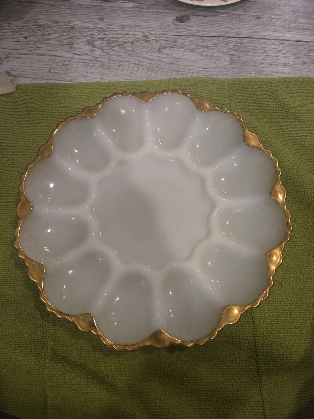 Vintage Anchor Hocking Fire-King Milk Glass Deviled Egg Plate, 22K Gold Trim MCM